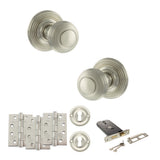 Quality image of Old English Ripon Door Knob Pack (Lock Set - Horizontal Sashlock, 4" Fire Rated Hinges x3) - Satin Nickel | Sku. adpoe50rmksn71 | available from Trade Door Handles.