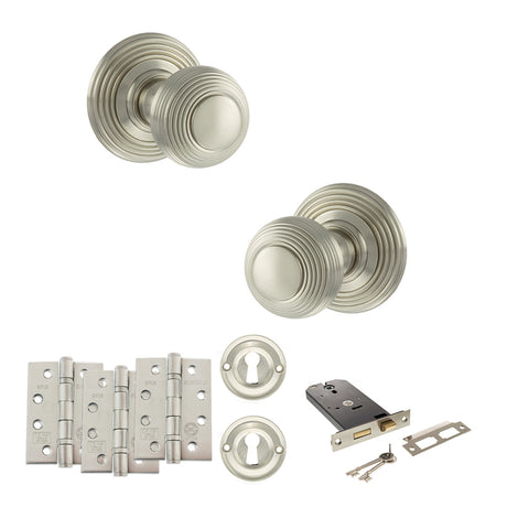 Quality image of Old English Ripon Door Knob Pack (Lock Set - Horizontal Sashlock, 4" Fire Rated Hinges x3) - Satin Nickel | Sku. adpoe50rmksn71 | available from Trade Door Handles.