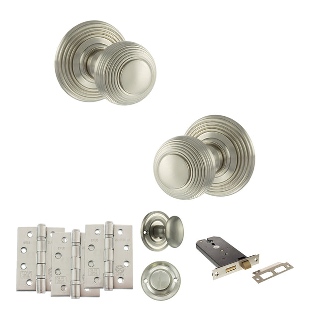 Quality image of Old English Ripon Door Knob Pack (Lock Set - Horizontal Bathlock, 4" Fire Rated Hinges x3) - Satin Nickel | Sku. adpoe50rmksn72 | available from Trade Door Handles.