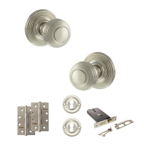 Quality image of Old English Ripon Door Knob Pack (Lock Set - Horizontal Sashlock, 4" Slim Knuckle Hinges x2) - Satin Nickel | Sku. adpoe50rmksn73 | available from Trade Door Handles.