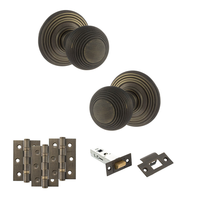 Quality image of Old English Ripon Door Knob Pack (Latch Set - 4" HD Latch, 3" Fire Rated Hinges x3) - Urban Bronze | Sku. adpoe50rmkub55 | available from Trade Door Handles.