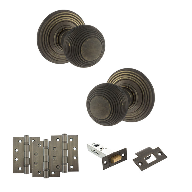Quality image of Old English Ripon Door Knob Pack (Latch Set - 3" HD Latch, 4" Fire Rated Hinges x3) - Urban Bronze | Sku. adpoe50rmkub56 | available from Trade Door Handles.