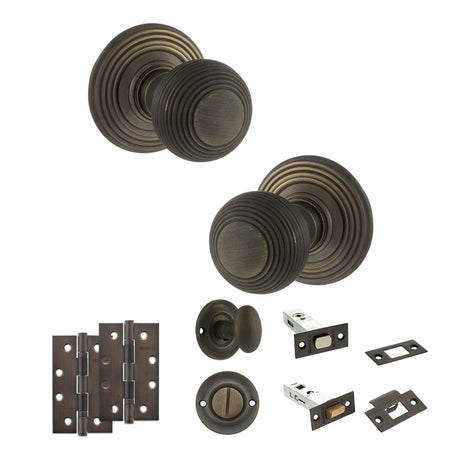 Quality image of Old English Ripon Door Knob Pack (Bathroom Set - 4" Deadbolt, 4" Slim Knuckle Hinges x2) - Urban Bronze | Sku. adpoe50rmkub65 | available from Trade Door Handles.