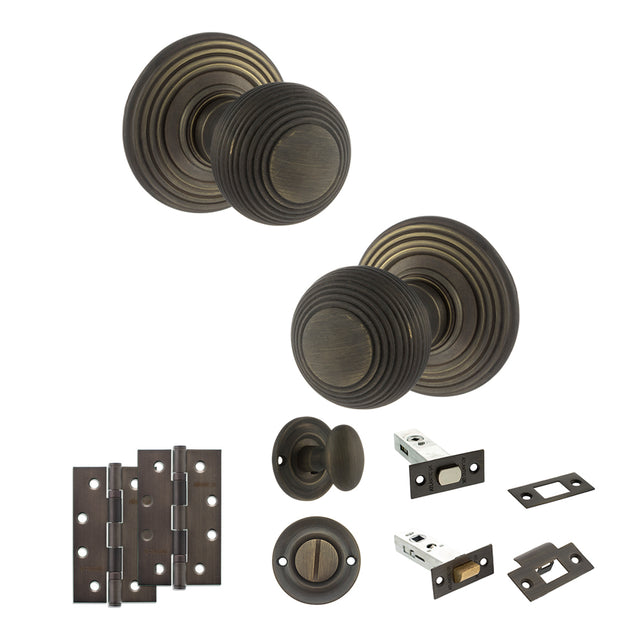 Quality image of Old English Ripon Door Knob Pack (Bathroom Set - 4" Deadbolt, 4" Slim Knuckle Hinges x2) - Urban Bronze | Sku. adpoe50rmkub65 | available from Trade Door Handles.