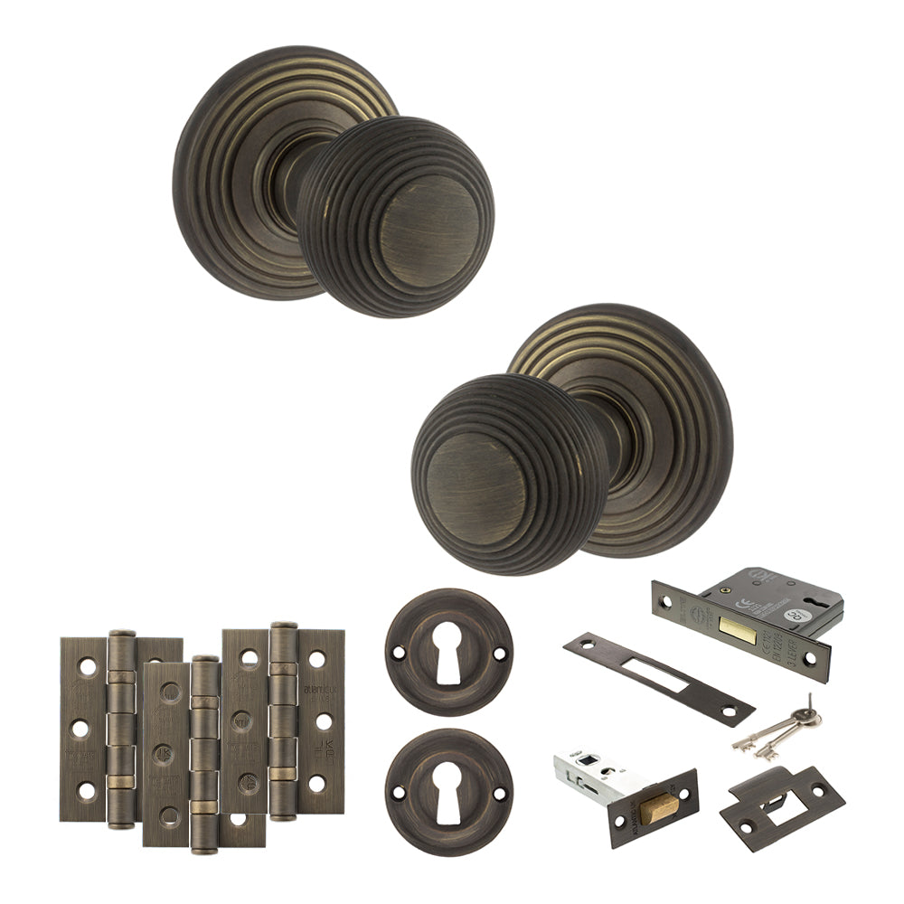 Quality image of Old English Ripon Door Knob Pack (Lock Set - 3" Latch & Deadlock, 3" Fire Rated Hinges x3) - Urban Bronze | Sku. adpoe50rmkub66 | available from Trade Door Handles.