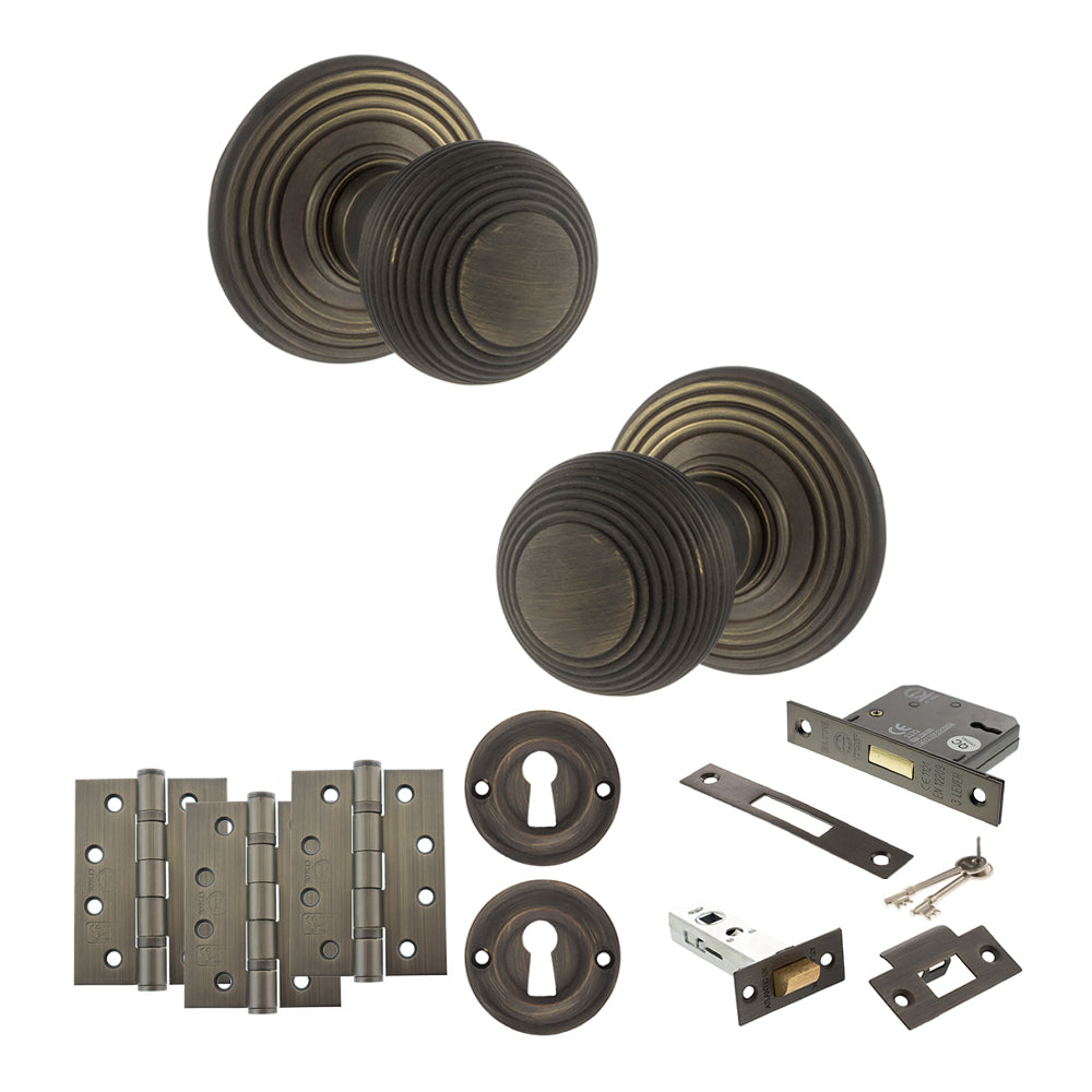 Quality image of Old English Ripon Door Knob Pack (Lock Set - 3" Latch & Deadlock, 4" Fire Rated Hinges x3) - Urban Bronze | Sku. adpoe50rmkub67 | available from Trade Door Handles.