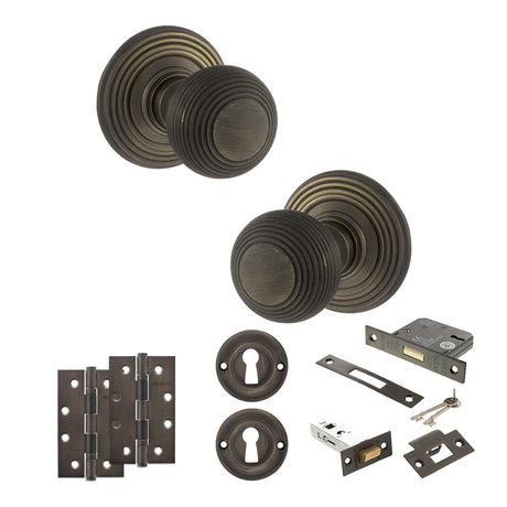 Quality image of Old English Ripon Door Knob Pack (Lock Set - 3" Latch & Deadlock, 4" Slim Knuckle Hinges x2) - Urban Bronze | Sku. adpoe50rmkub68 | available from Trade Door Handles.