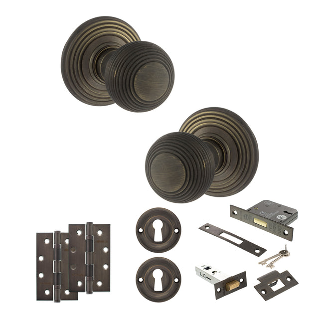 Quality image of Old English Ripon Door Knob Pack (Lock Set - 3" Latch & Deadlock, 4" Slim Knuckle Hinges x2) - Urban Bronze | Sku. adpoe50rmkub68 | available from Trade Door Handles.