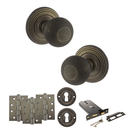 Quality image of Old English Ripon Door Knob Pack (Lock Set - Horizontal Sashlock, 4" Fire Rated Hinges x3) - Urban Bronze | Sku. adpoe50rmkub71 | available from Trade Door Handles.