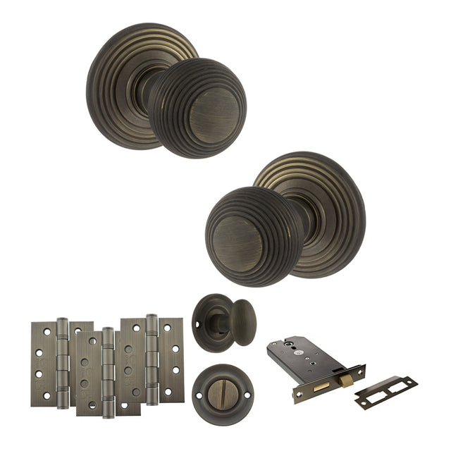 Quality image of Old English Ripon Door Knob Pack (Lock Set - Horizontal Bathlock, 4" Fire Rated Hinges x3) - Urban Bronze | Sku. adpoe50rmkub72 | available from Trade Door Handles.