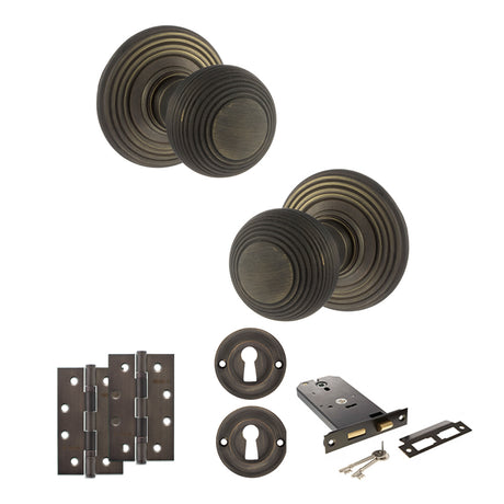 Quality image of Old English Ripon Door Knob Pack (Lock Set - Horizontal Sashlock, 4" Slim Knuckle Hinges x2) - Urban Bronze | Sku. adpoe50rmkub73 | available from Trade Door Handles.
