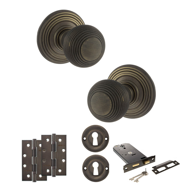 Quality image of Old English Ripon Door Knob Pack (Lock Set - Horizontal Sashlock, 4" Slim Knuckle Hinges x2) - Urban Bronze | Sku. adpoe50rmkub73 | available from Trade Door Handles.