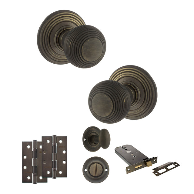 Quality image of Old English Ripon Door Knob Pack (Lock Set - Horizontal Bathlock, 4" Slim Knuckle Hinges x2) - Urban Bronze | Sku. adpoe50rmkub74 | available from Trade Door Handles.