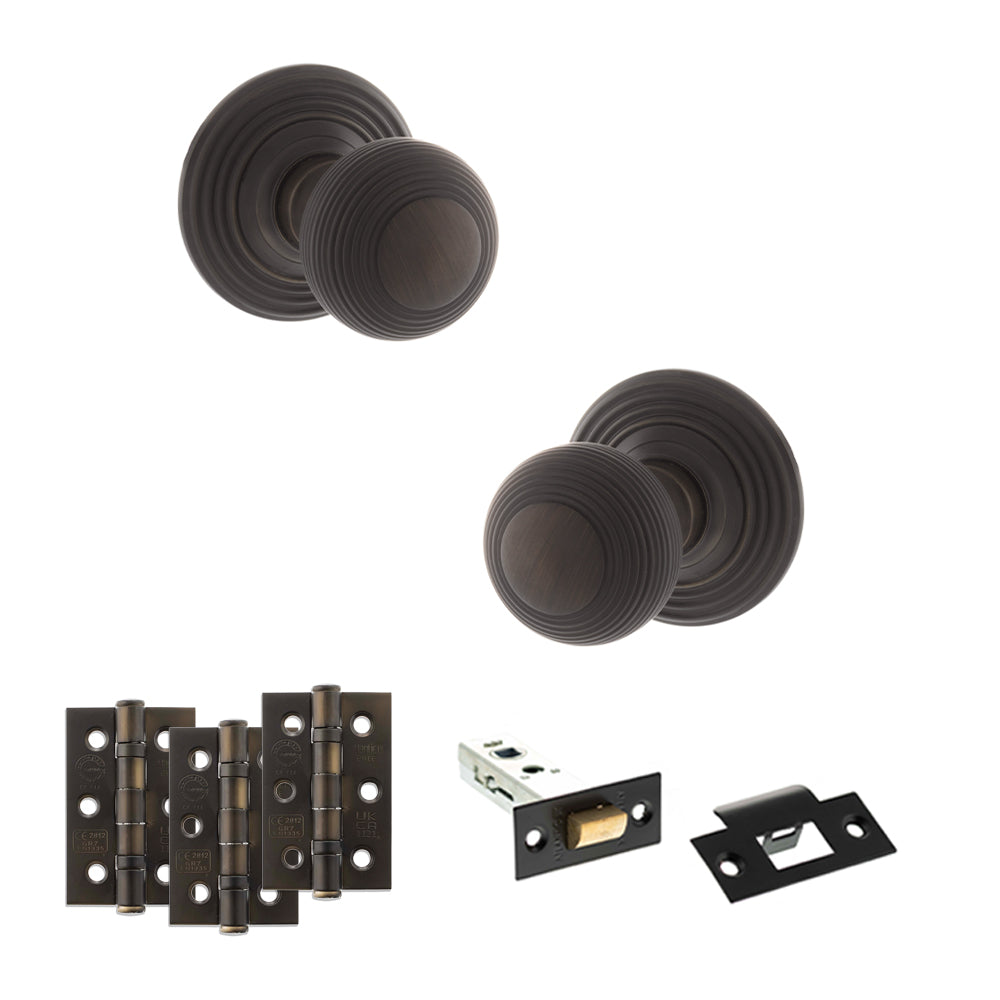 Quality image of Old English Ripon Door Knob Pack (Latch Set - 3" HD Latch, 3" Fire Rated Hinges x3) - Urban Dark Bronze | Sku. adpoe50rmkudb54 | available from Trade Door Handles.