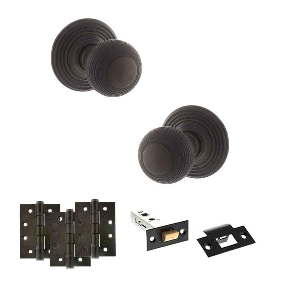 Quality image of Old English Ripon Door Knob Pack (Latch Set - 3" HD Latch, 4" Fire Rated Hinges x3) - Urban Dark Bronze | Sku. adpoe50rmkudb56 | available from Trade Door Handles.