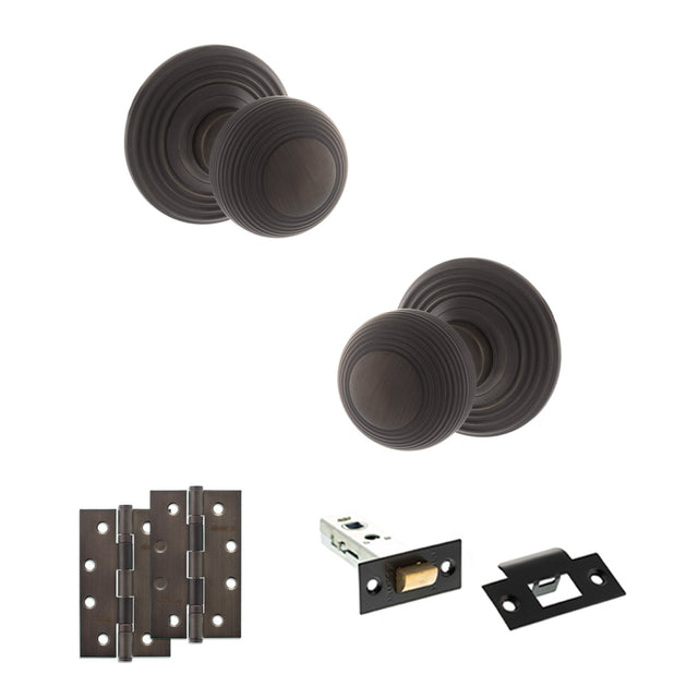 Quality image of Old English Ripon Door Knob Pack (Latch Set - 3" HD Latch, 4" Slim Knuckle Hinges x2) - Urban Dark Bronze | Sku. adpoe50rmkudb58 | available from Trade Door Handles.
