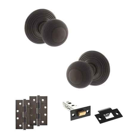 Quality image of Old English Ripon Door Knob Pack (Latch Set - 4" HD Latch, 4" Slim Knuckle Hinges x2) - Urban Dark Bronze | Sku. adpoe50rmkudb59 | available from Trade Door Handles.
