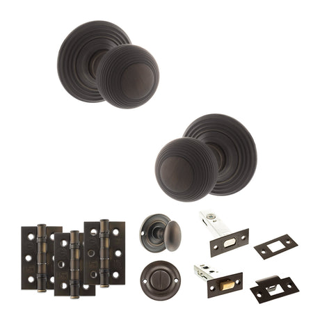 Quality image of Old English Ripon Door Knob Pack (Bathroom Set - 4" Deadbolt, 3" Fire Rated Hinges x3) - Urban Dark Bronze | Sku. adpoe50rmkudb61 | available from Trade Door Handles.