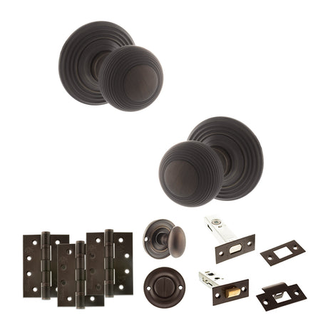 Quality image of Old English Ripon Door Knob Pack (Bathroom Set - 3" Deadbolt, 4" Fire Rated Hinges x3) - Urban Dark Bronze | Sku. adpoe50rmkudb62 | available from Trade Door Handles.