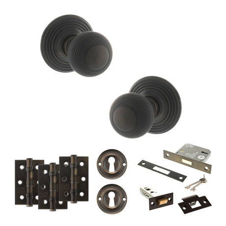 Quality image of Old English Ripon Door Knob Pack (Lock Set - 3" Latch & Deadlock, 3" Fire Rated Hinges x3) - Urban Dark Bronze | Sku. adpoe50rmkudb66 | available from Trade Door Handles.