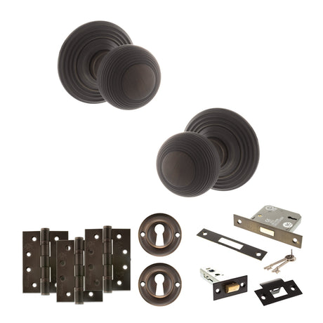 Quality image of Old English Ripon Door Knob Pack (Lock Set - 3" Latch & Deadlock, 4" Fire Rated Hinges x3) - Urban Dark Bronze | Sku. adpoe50rmkudb67 | available from Trade Door Handles.