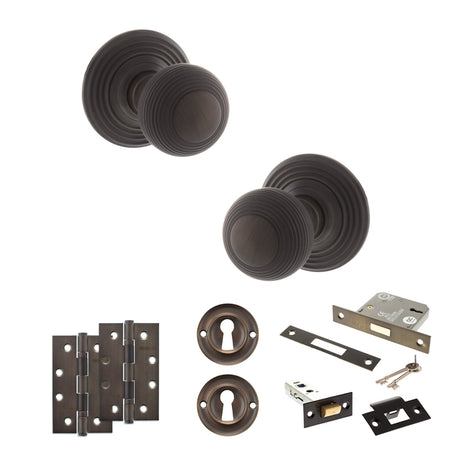 Quality image of Old English Ripon Door Knob Pack (Lock Set - 3" Latch & Deadlock, 4" Slim Knuckle Hinges x2) - Urban Dark Bronze | Sku. adpoe50rmkudb68 | available from Trade Door Handles.