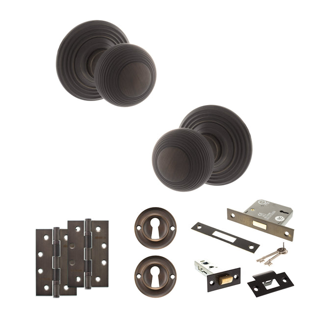 Quality image of Old English Ripon Door Knob Pack (Lock Set - 3" Latch & Deadlock, 4" Slim Knuckle Hinges x2) - Urban Dark Bronze | Sku. adpoe50rmkudb68 | available from Trade Door Handles.
