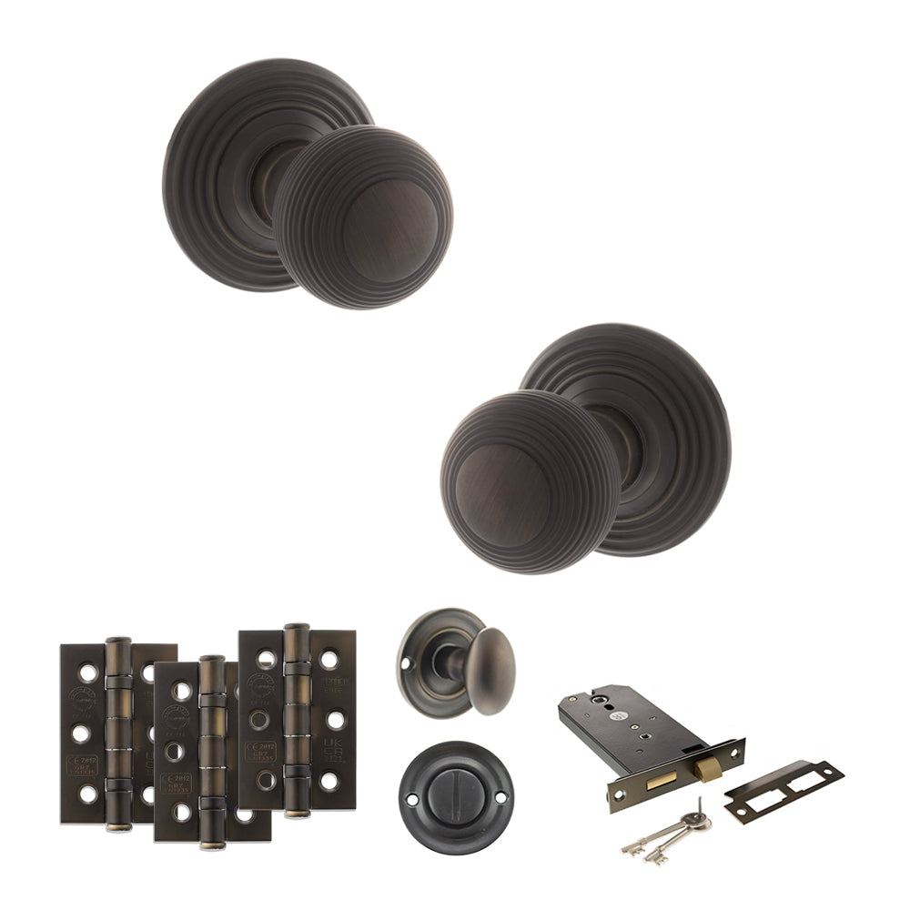 Quality image of Old English Ripon Door Knob Pack (Lock Set - Horizontal Bathlock, 3" Fire Rated Hinges x3) - Urban Dark Bronze | Sku. adpoe50rmkudb70 | available from Trade Door Handles.