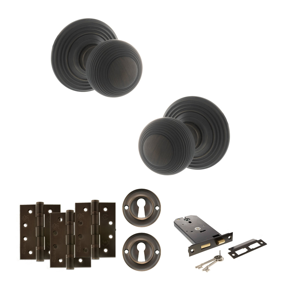 Quality image of Old English Ripon Door Knob Pack (Lock Set - Horizontal Sashlock, 4" Fire Rated Hinges x3) - Urban Dark Bronze | Sku. adpoe50rmkudb71 | available from Trade Door Handles.