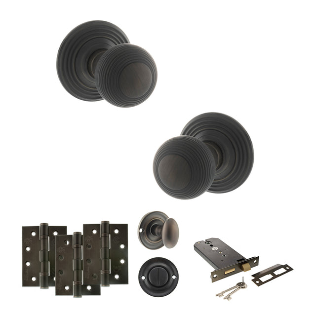 Quality image of Old English Ripon Door Knob Pack (Lock Set - Horizontal Bathlock, 4" Fire Rated Hinges x3) - Urban Dark Bronze | Sku. adpoe50rmkudb72 | available from Trade Door Handles.