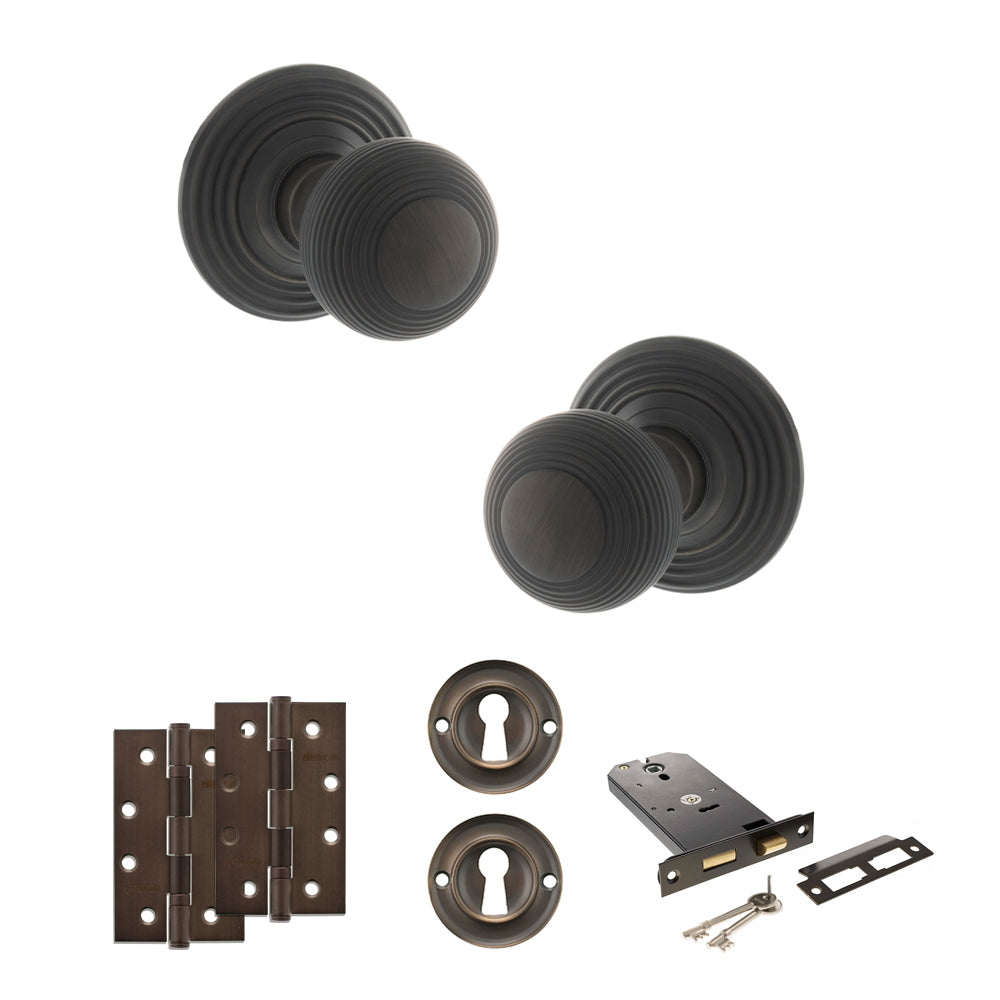 Quality image of Old English Ripon Door Knob Pack (Lock Set - Horizontal Sashlock, 4" Slim Knuckle Hinges x2) - Urban Dark Bronze | Sku. adpoe50rmkudb73 | available from Trade Door Handles.