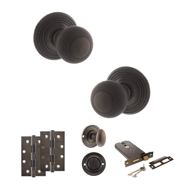 Quality image of Old English Ripon Door Knob Pack (Lock Set - Horizontal Bathlock, 4" Slim Knuckle Hinges x2) - Urban Dark Bronze | Sku. adpoe50rmkudb74 | available from Trade Door Handles.