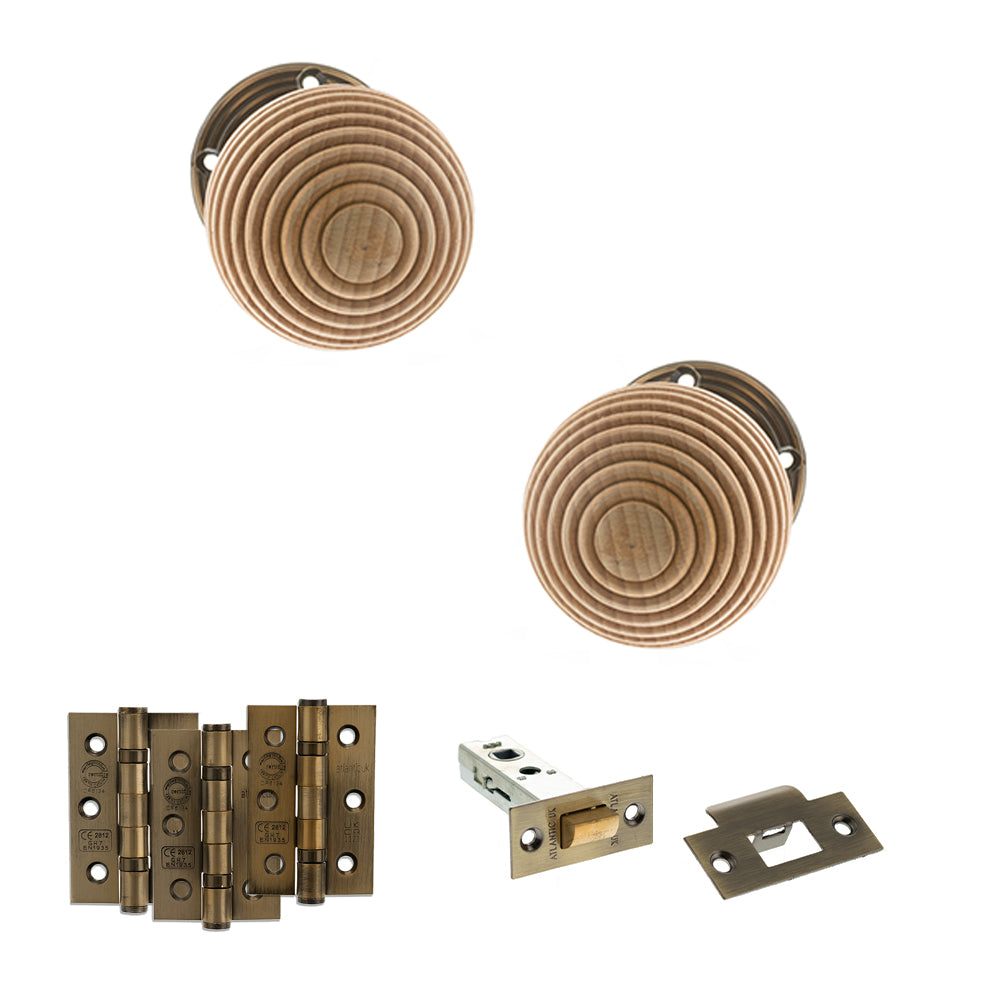 Quality image of Old English Bridlington Door Knob Pack (Latch Set - 4" HD Latch, 3" Fire Rated Hinges x3) - Antique Brass | Sku. adpoe57rmkab55 | available from Trade Door Handles.