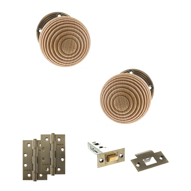 Quality image of Old English Bridlington Door Knob Pack (Latch Set - 4" HD Latch, 4" Slim Knuckle Hinges x2) - Antique Brass | Sku. adpoe57rmkab59 | available from Trade Door Handles.