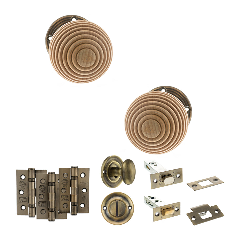 Quality image of Old English Bridlington Door Knob Pack (Bathroom Set - 4" Deadbolt, 3" Fire Rated Hinges x3) - Antique Brass | Sku. adpoe57rmkab61 | available from Trade Door Handles.