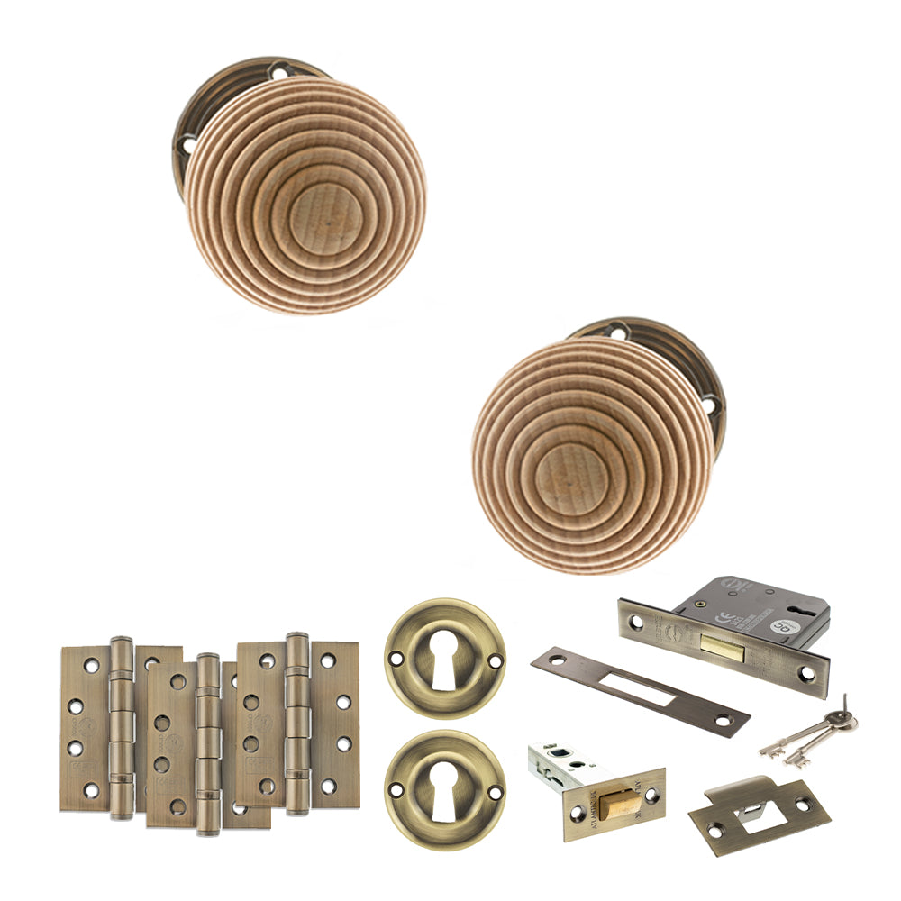 Quality image of Old English Bridlington Door Knob Pack (Lock Set - 3" Latch & Deadlock, 4" Fire Rated Hinges x3) - Antique Brass | Sku. adpoe57rmkab67 | available from Trade Door Handles.