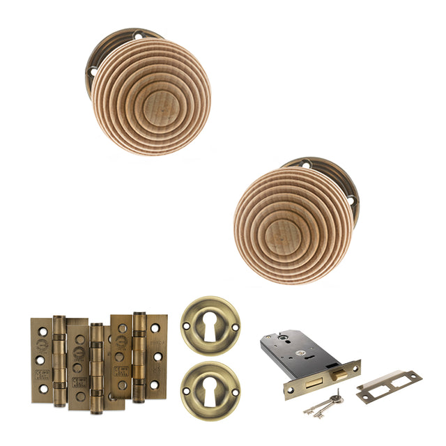 Quality image of Old English Bridlington Door Knob Pack (Lock Set - Horizontal Sashlock, 3" Fire Rated Hinges x3) - Antique Brass | Sku. adpoe57rmkab69 | available from Trade Door Handles.