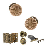 Quality image of Old English Bridlington Door Knob Pack (Lock Set - Horizontal Bathlock, 3" Fire Rated Hinges x3) - Antique Brass | Sku. adpoe57rmkab70 | available from Trade Door Handles.