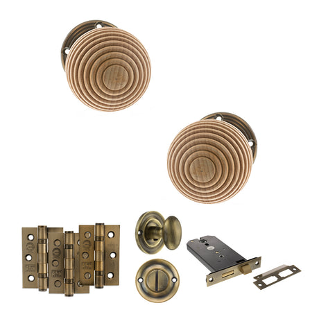 Quality image of Old English Bridlington Door Knob Pack (Lock Set - Horizontal Bathlock, 3" Fire Rated Hinges x3) - Antique Brass | Sku. adpoe57rmkab70 | available from Trade Door Handles.