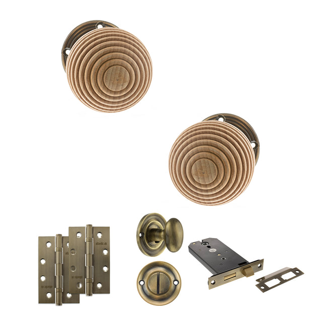 Quality image of Old English Bridlington Door Knob Pack (Lock Set - Horizontal Bathlock, 4" Slim Knuckle Hinges x2) - Antique Brass | Sku. adpoe57rmkab74 | available from Trade Door Handles.