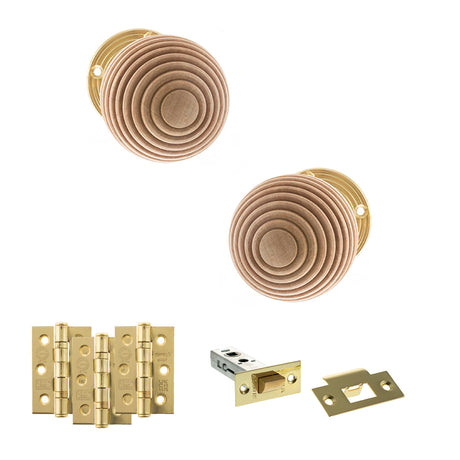 Quality image of Old English Bridlington Door Knob Pack (Latch Set - 4" HD Latch, 3" Fire Rated Hinges x3) - Polished Brass | Sku. adpoe57rmkpb55 | available from Trade Door Handles.