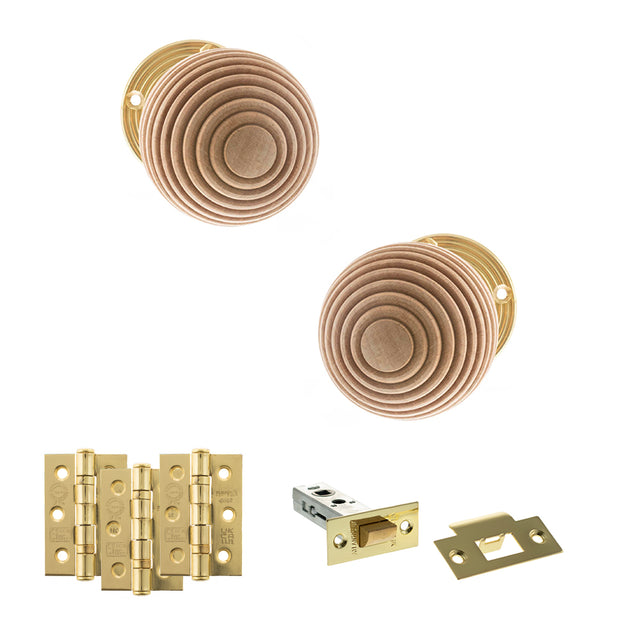 Quality image of Old English Bridlington Door Knob Pack (Latch Set - 4" HD Latch, 3" Fire Rated Hinges x3) - Polished Brass | Sku. adpoe57rmkpb55 | available from Trade Door Handles.