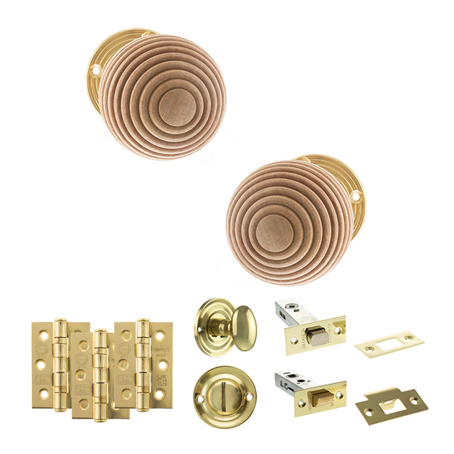 Quality image of Old English Bridlington Door Knob Pack (Bathroom Set - 3" Deadbolt, 3" Fire Rated Hinges x3) - Polished Brass | Sku. adpoe57rmkpb60 | available from Trade Door Handles.