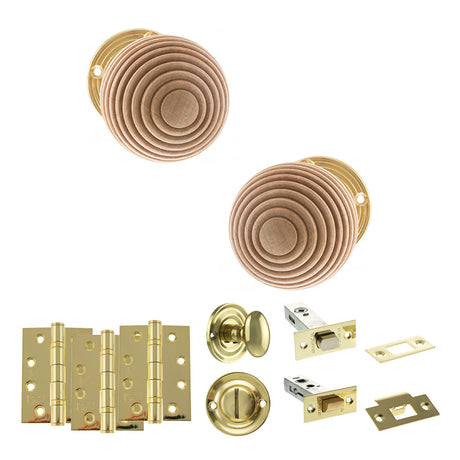 Quality image of Old English Bridlington Door Knob Pack (Bathroom Set - 4" Deadbolt, 4" Fire Rated Hinges x3) - Polished Brass | Sku. adpoe57rmkpb63 | available from Trade Door Handles.