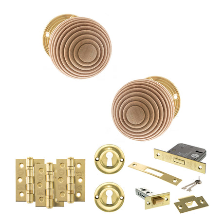 Quality image of Old English Bridlington Door Knob Pack (Lock Set - 3" Latch & Deadlock, 3" Fire Rated Hinges x3) - Polished Brass | Sku. adpoe57rmkpb66 | available from Trade Door Handles.