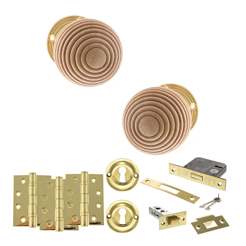 Quality image of Old English Bridlington Door Knob Pack (Lock Set - 3" Latch & Deadlock, 4" Fire Rated Hinges x3) - Polished Brass | Sku. adpoe57rmkpb67 | available from Trade Door Handles.