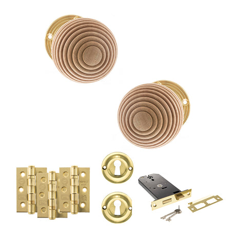 Quality image of Old English Bridlington Door Knob Pack (Lock Set - Horizontal Sashlock, 3" Fire Rated Hinges x3) - Polished Brass | Sku. adpoe57rmkpb69 | available from Trade Door Handles.