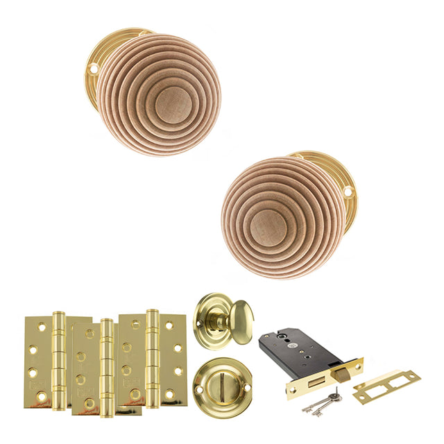 Quality image of Old English Bridlington Door Knob Pack (Lock Set - Horizontal Bathlock, 4" Fire Rated Hinges x3) - Polished Brass | Sku. adpoe57rmkpb72 | available from Trade Door Handles.
