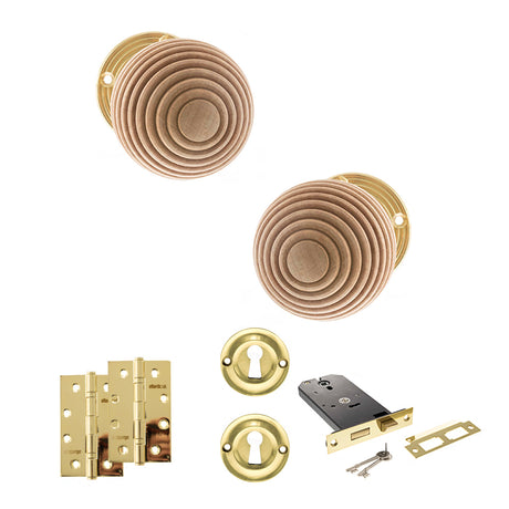 Quality image of Old English Bridlington Door Knob Pack (Lock Set - Horizontal Sashlock, 4" Slim Knuckle Hinges x2) - Polished Brass | Sku. adpoe57rmkpb73 | available from Trade Door Handles.