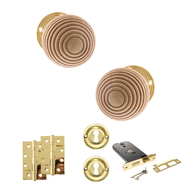 Quality image of Old English Bridlington Door Knob Pack (Lock Set - Horizontal Sashlock, 4" Slim Knuckle Hinges x2) - Polished Brass | Sku. adpoe57rmkpb73 | available from Trade Door Handles.